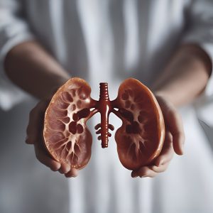 female doctor holding human kidney model her hands closeup view